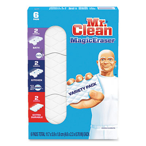 Mr. Clean Magic Eraser Variety Pack, Extra Durable; Bath; Kitchen, 4.6 x 2.3, 0.7" Thick, White, 6/Pack, 8 Packs/Carton (69523)
