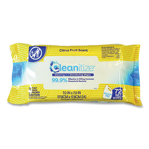 Cleanitize Disinfectant Surface Wipes, 7 x 7, Citrus Fruit Scent, White, 72/Pack, 12 Packs/Carton (CLEAN72)