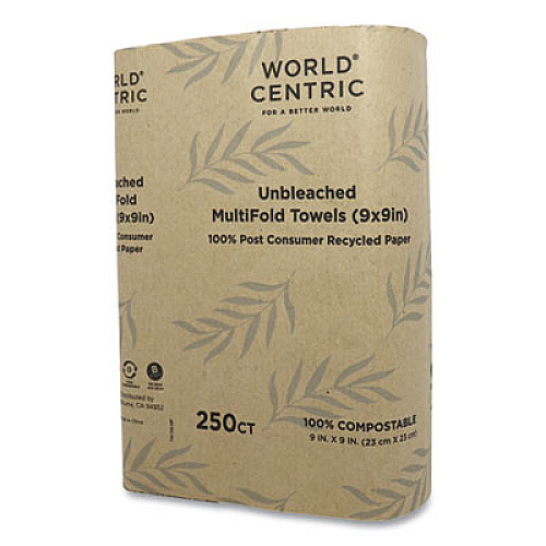 World Centric 100% PCW Recycled Paper Towels, 1-Ply, 9 x 9, Natural, 250/Pack, 16 Packs/Carton (TWPAMF)
