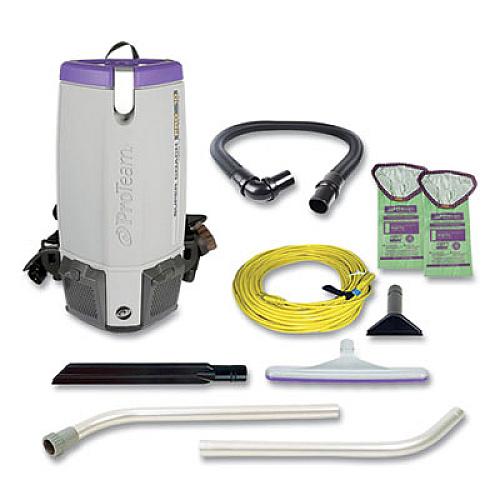 ProTeam Super Coach Pro 10 Backpack Vacuum with Xover Fixed-Length Two-Piece Wand, 10 qt Tank Capacity, Gray/Purple (107304)