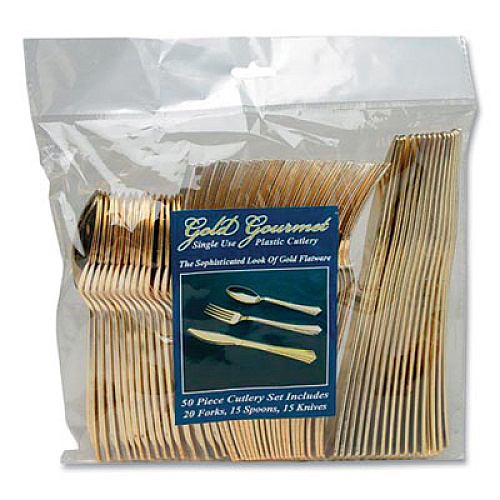 Tablemate Gourmet Gold Assorted Plastic Cutlery, Mediumweight, 20 Forks, 15 Knives, 15 Spoons/Pack (8305AGO)