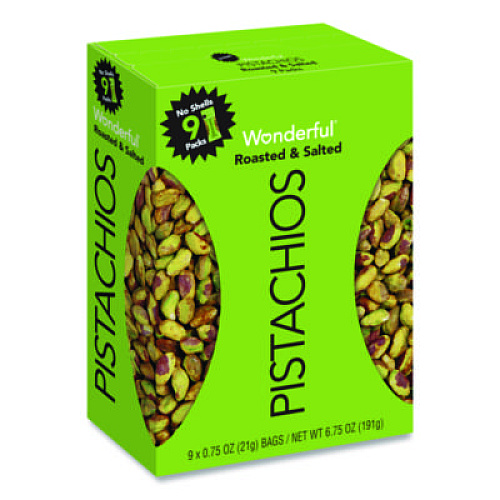 Paramount Farms Wonderful No Shells Pistachios, Roasted and Salted, 0.75 oz Bag, 9 Bags/Box, 4 Boxes/Carton (PAR91100)