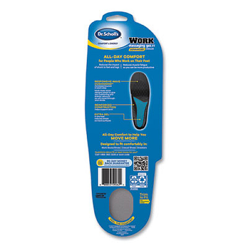 Dr. Scholl's Comfort and Energy Work Massaging Gel Insoles, Men, Men's Sizes 8 to 14, Black/Blue, Pair (59062)
