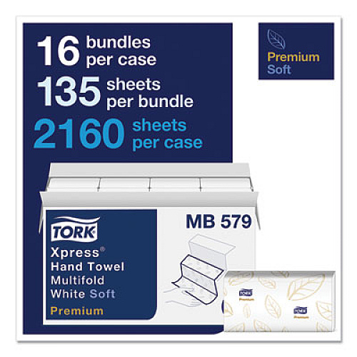 Tork Premium Soft Xpress 3-Panel Multifold Hand Towels, 2-Ply, 9.13 x 9.5, White/Blue Leaf, 135/Packs, 16 Packs/Carton (MB579)