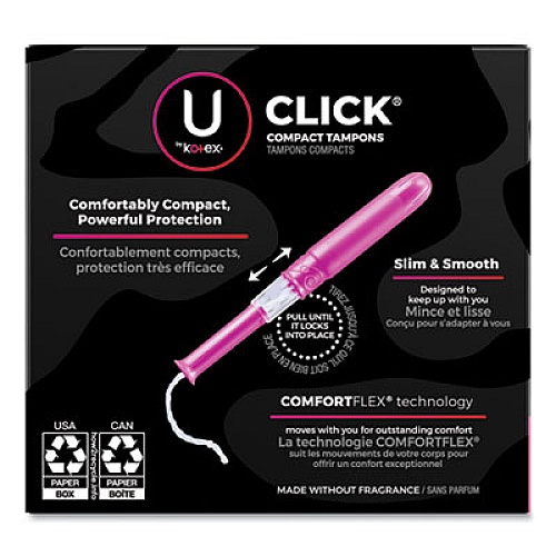 U by Kotex Click Compact Tampons, Regular Absorbency, 16/Pack, 8 Packs/Carton (53445)