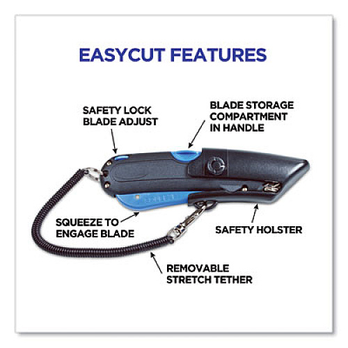 COSCO Easycut Self-Retracting Cutter with Safety-Tip Blade, Holster and Lanyard, 6" Plastic Handle, Black/Blue (091524)