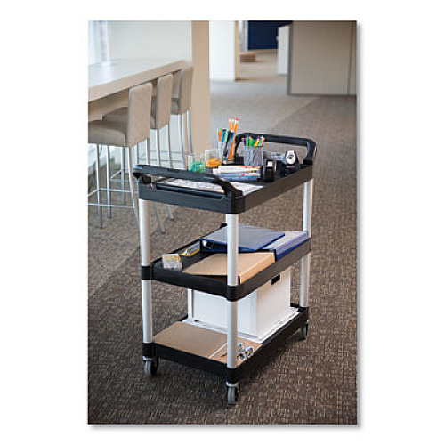 Rubbermaid Commercial Economy Plastic Cart, Three-Shelf, 18.63w x 33.63d x 37.75h, Black (342488BLA)