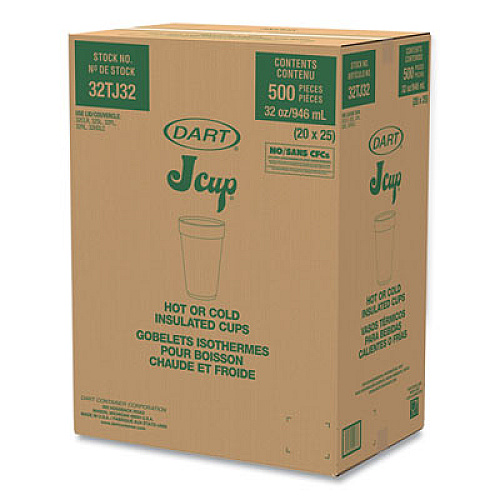 Dart Foam Drink Cups, 32 oz., White, 25/Bag, 20 Bags/Carton (32TJ32)