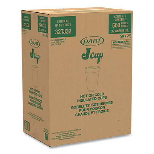 Dart Foam Drink Cups, 32 oz., White, 25/Bag, 20 Bags/Carton (32TJ32)