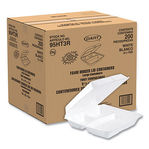 Dart Foam Hinged Lid Containers, 3 Compartments, 9.25 x 9.5 x 3, White, 100/Sleeve, 2 Sleeves/Carton (95HT3R)