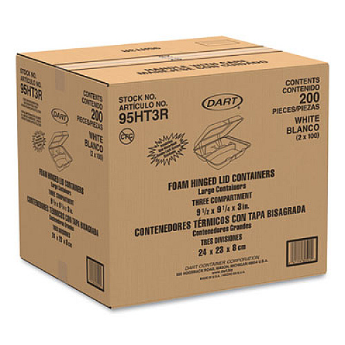 Dart Foam Hinged Lid Containers, 3 Compartments, 9.25 x 9.5 x 3, White, 100/Sleeve, 2 Sleeves/Carton (95HT3R)
