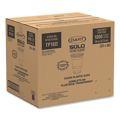 SOLO Ultra Clear PET Cups, Squat, 16 oz, Plastic, 50/Bag, 20 Bags/Carton (TP16DCT)