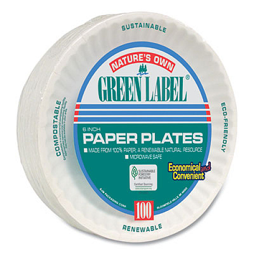 AJM Packaging Corporation White Paper Plates, 6" dia, 100/Pack, 10 Packs/Carton (PP6GREWH)