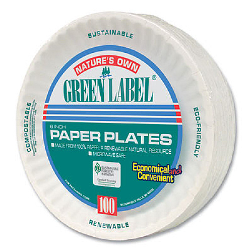 AJM Packaging Corporation White Paper Plates, 6" dia, 100/Pack, 10 Packs/Carton (PP6GREWH)