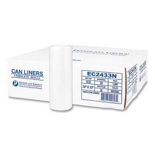 Inteplast Group High-Density Commercial Can Liners, 16 gal, 5 mic, 24" x 33", Natural, Perforated Roll, 50 Bags/Roll, 20 Rolls/Carton (EC2433N)