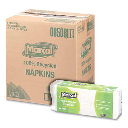 Marcal 100% Recycled Luncheon Napkins, 1 Ply, 11.4 x 12.5, White, 400/Pack, 6 Packs/Carton (6506)