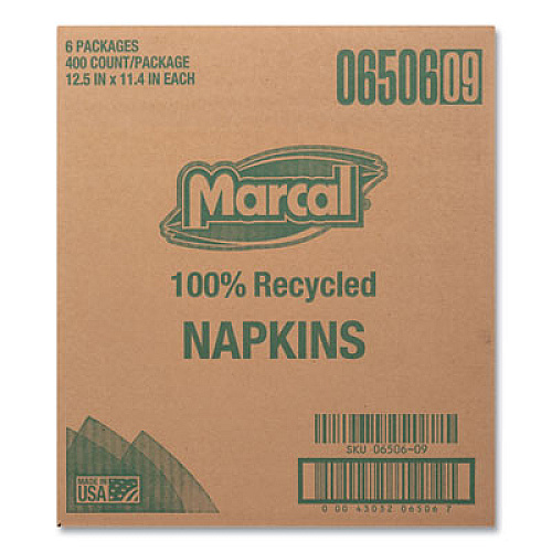 Marcal 100% Recycled Luncheon Napkins, 1 Ply, 11.4 x 12.5, White, 400/Pack, 6 Packs/Carton (6506)