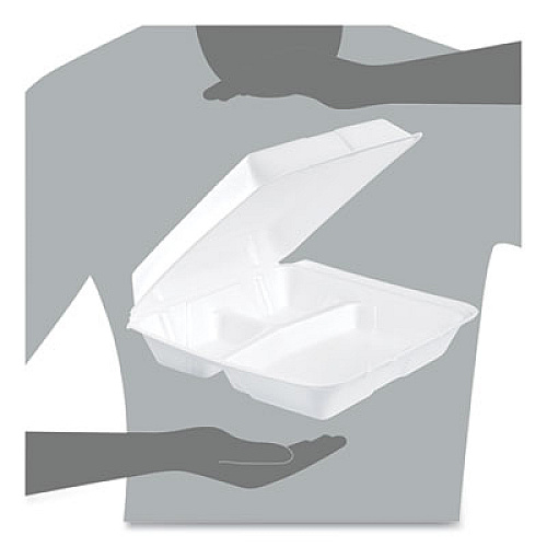 Dart Foam Hinged Lid Containers, 3 Compartments, 9.25 x 9.5 x 3, White, 100/Sleeve, 2 Sleeves/Carton (95HT3R)