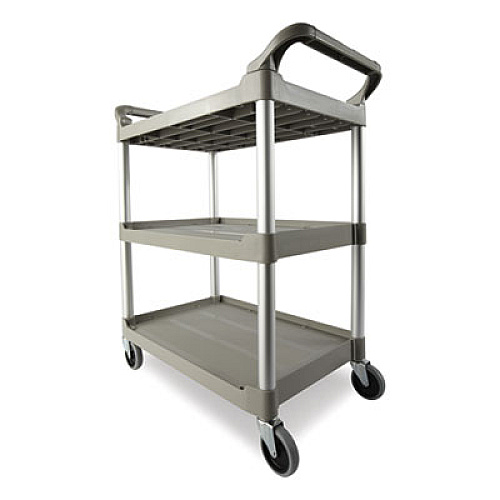 Rubbermaid Commercial Economy Plastic Cart, Three-Shelf, 18.63w x 33.63d x 37.75h, Platinum (342488PM)