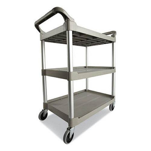 Rubbermaid Commercial Economy Plastic Cart, Three-Shelf, 18.63w x 33.63d x 37.75h, Platinum (342488PM)