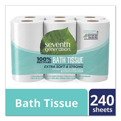 Seventh Generation 100% Recycled Bathroom Tissue, Septic Safe, 2-Ply, White, 240 Sheets/Roll, 12 Rolls/Pack (13733PK)