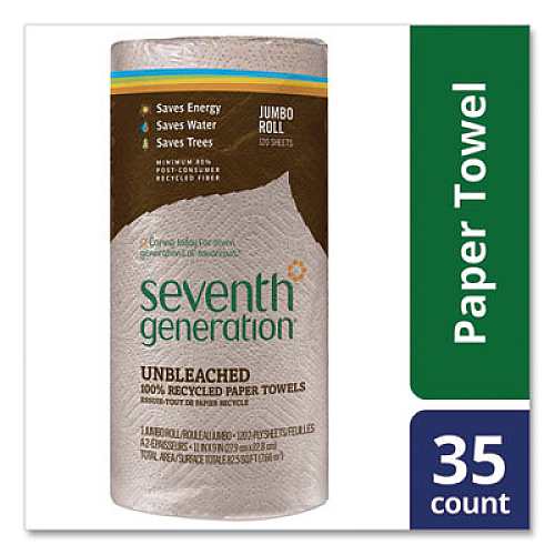 Seventh Generation Natural Unbleached 100% Recycled Paper Kitchen Towel Rolls, 2-Ply, Individually Wrapped, 11 x 9, 120/Roll, 30 Rolls/Carton (13720CT)