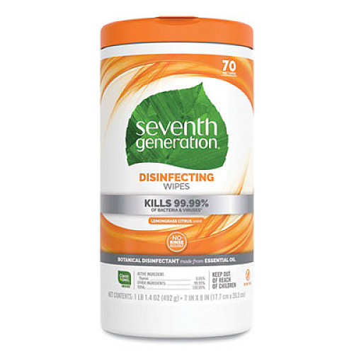 Seventh Generation Botanical Disinfecting Wipes, 7 x 8, Lemongrass Citrus, 70 Count, 6/Carton (22813CT)