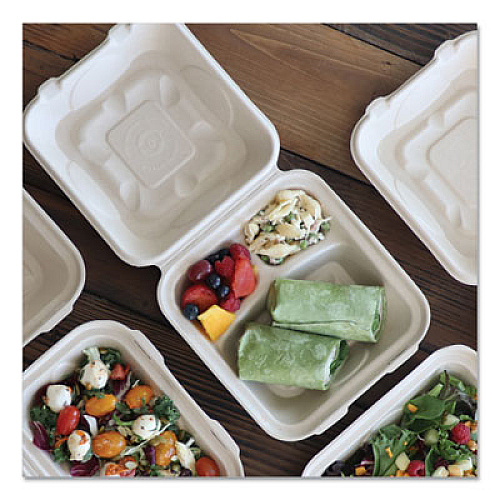 World Centric Fiber Hinged Containers, 3-Compartment, 8 x 8 x 3, Natural, 300/Carton (TOSCU8T)