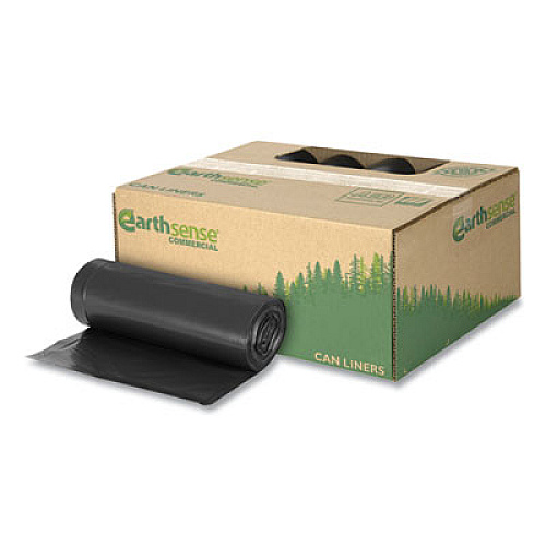 Earthsense Commercial Linear Low Density Recycled Can Liners, 60 gal, 1.25 mil, 38" x 58", Black, 10 Bags/Roll, 10 Rolls/Carton (RNW6050)