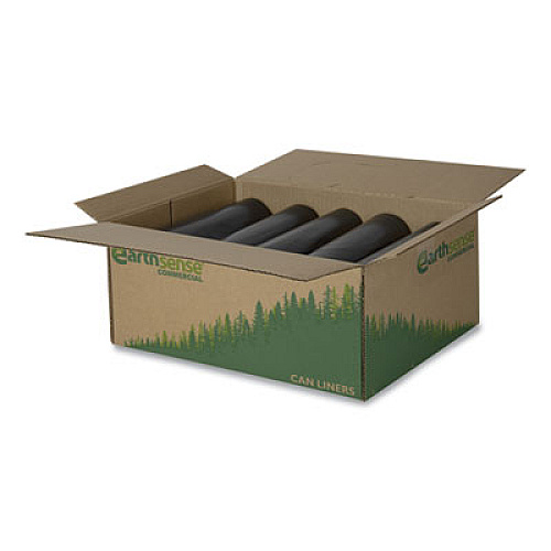 Earthsense Commercial Linear Low Density Recycled Can Liners, 60 gal, 1.25 mil, 38" x 58", Black, 10 Bags/Roll, 10 Rolls/Carton (RNW6050)