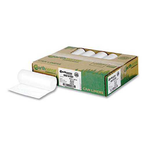 Earthsense Commercial Linear-Low-Density Recycled Tall Kitchen Bags, Open-Face, 13 gal, 24" x 33", White, 15 Bags/Roll, 10 Rolls/Box (RNW1K150V)