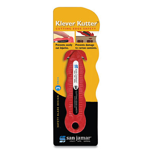 San Jamar Klever Kutter Safety Cutter, 3 Razor Blades, 1" Blade, 4" Plastic Handle, Red (KK403)