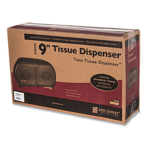 San Jamar Twin 9" Jumbo BathTissue Dispenser, Classic, 19 x 5.25 x 12, Transparent Black Pearl (R4000TBK)