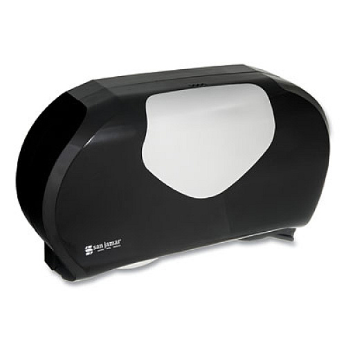 San Jamar Twin Jumbo Bath Tissue Dispenser,20 1/14x5 7/8x11 9/10, Blk/Faux Stainless Steel (R4070BKSS)