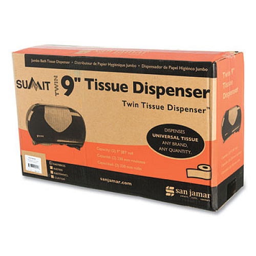 San Jamar Twin Jumbo Bath Tissue Dispenser,20 1/14x5 7/8x11 9/10, Blk/Faux Stainless Steel (R4070BKSS)