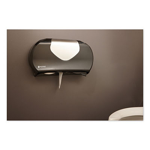 San Jamar Twin Jumbo Bath Tissue Dispenser,20 1/14x5 7/8x11 9/10, Blk/Faux Stainless Steel (R4070BKSS)
