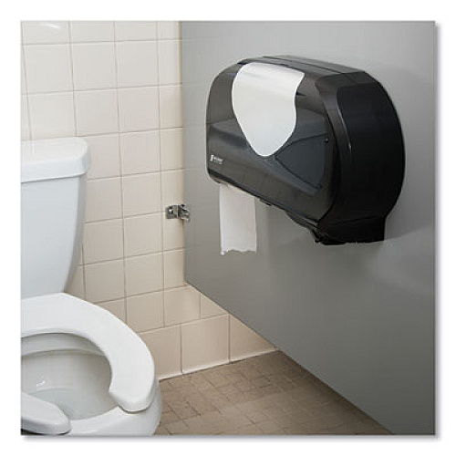San Jamar Twin Jumbo Bath Tissue Dispenser,20 1/14x5 7/8x11 9/10, Blk/Faux Stainless Steel (R4070BKSS)