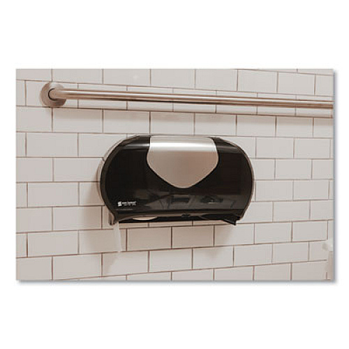 San Jamar Twin Jumbo Bath Tissue Dispenser,20 1/14x5 7/8x11 9/10, Blk/Faux Stainless Steel (R4070BKSS)