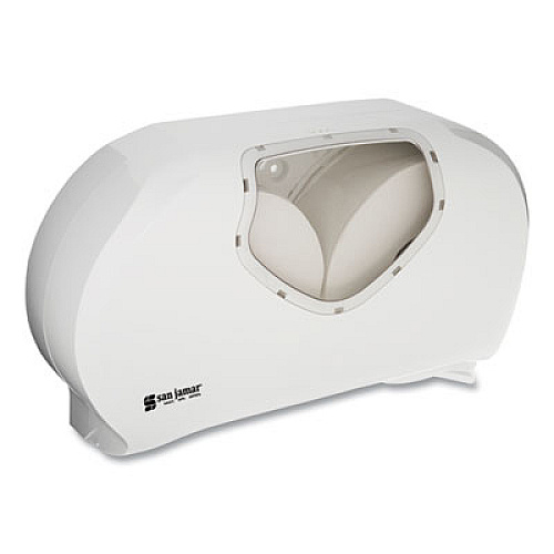 San Jamar Twin Jumbo Bath Tissue Dispenser, 19 1/4 x 6 x 12 1/4, White/Clear (R4070WHCL)
