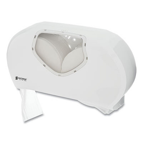 San Jamar Twin Jumbo Bath Tissue Dispenser, 19 1/4 x 6 x 12 1/4, White/Clear (R4070WHCL)