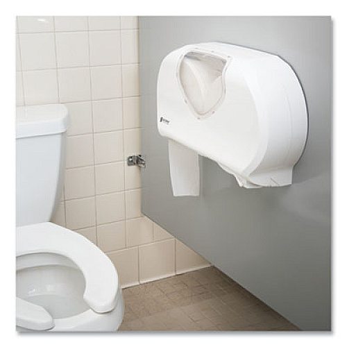San Jamar Twin Jumbo Bath Tissue Dispenser, 19 1/4 x 6 x 12 1/4, White/Clear (R4070WHCL)
