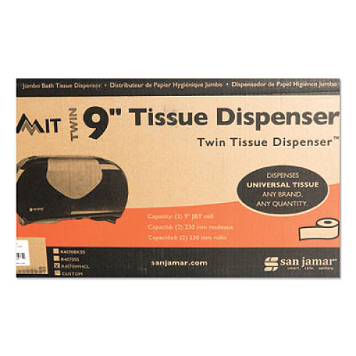 San Jamar Twin Jumbo Bath Tissue Dispenser, 19 1/4 x 6 x 12 1/4, White/Clear (R4070WHCL)