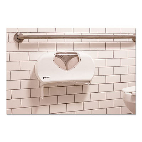 San Jamar Twin Jumbo Bath Tissue Dispenser, 19 1/4 x 6 x 12 1/4, White/Clear (R4070WHCL)