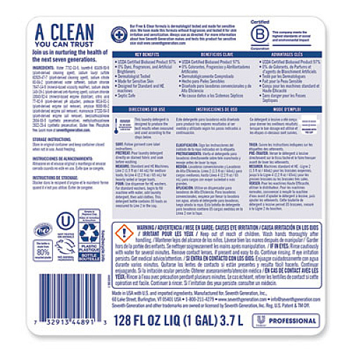 Seventh Generation Professional Liquid Laundry Detergent, Free and Clear Scent, 1 gal Bottle, 2/Carton (44891CT)