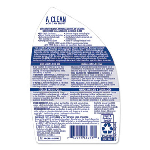 Seventh Generation Professional Disinfecting Bathroom Cleaner, Lemongrass Citrus, 32 oz Spray Bottle, 4/Carton (44980CT)