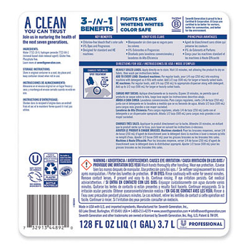 Seventh Generation Professional Non Chlorine Bleach, Free and Clear, 1 gal Bottle, 2/Carton (44892CT)
