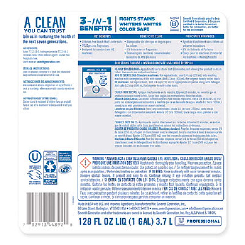 Seventh Generation Professional Non Chlorine Bleach, Free and Clear, 1 gal Bottle (44892EA)