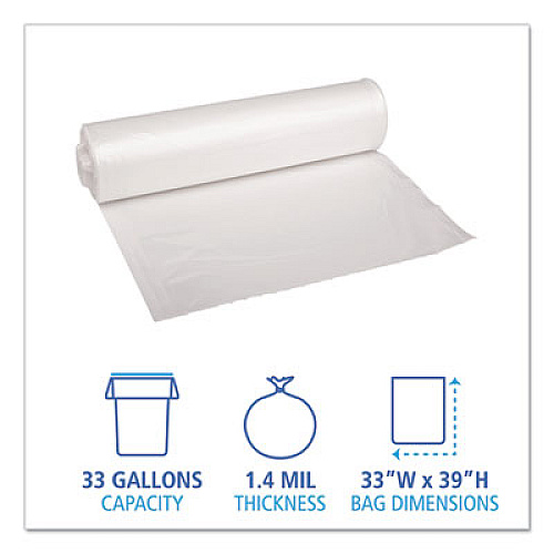 Boardwalk Recycled Low-Density Polyethylene Can Liners, 33 gal, 1.4 mil, 33" x 39", Clear, Perforated, 10 Bags/Roll, 10 Rolls/Carton (534)