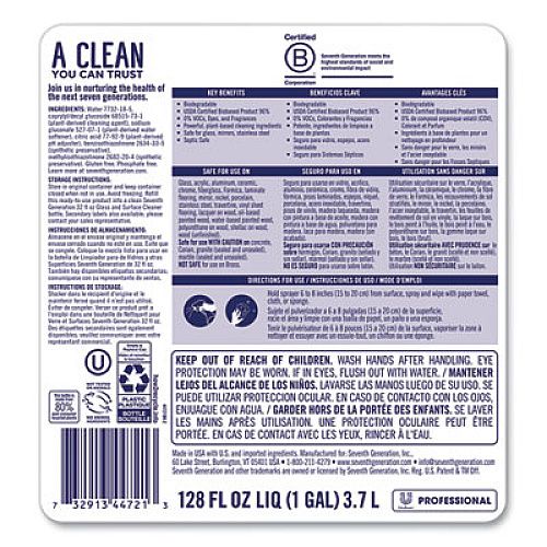 Seventh Generation Professional Glass and Surface Cleaner, Free and Clear, 1 gal Bottle, 2/Carton (44721CT)