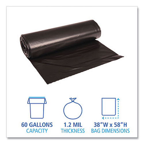 Boardwalk Recycled Low-Density Polyethylene Can Liners, 60 gal, 1.2 mil, 38" x 58", Black, Perforated, 10 Bags/Roll, 10 Rolls/Carton (519)